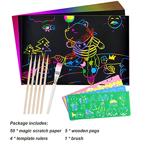 100 Piezas Scratch Art Paper Papel de Pintura Mágica para Notas Juego de Papel Artístico para Rascar 10 Bolígrafos de Madera, 8 Reglas de Plantilla, 1 Cepillo a Prueba de Polvo