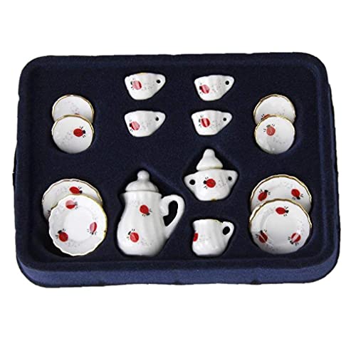 1/12 Muñeca Casa Miniatura Miniatura Ware Set de té de porcelana, placa placa de placa Ladybug Imprimir Exquisito artesanía 15pcs