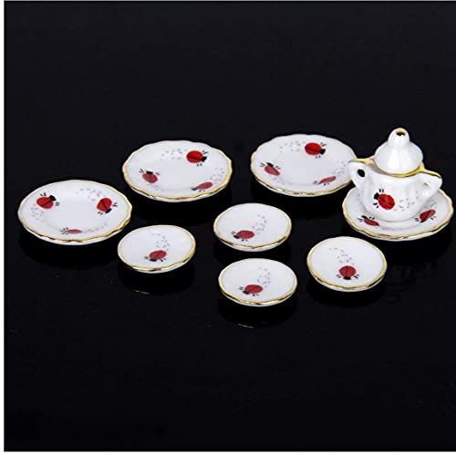 1/12 Muñeca Casa Miniatura Miniatura Ware Set de té de porcelana, placa placa de placa Ladybug Imprimir Exquisito artesanía 15pcs