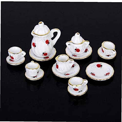 1/12 Muñeca Casa Miniatura Miniatura Ware Set de té de porcelana, placa placa de placa Ladybug Imprimir Exquisito artesanía 15pcs