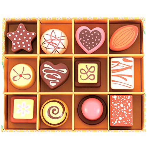 12 chocolates de madera, caja de madera de chocolates, juego para niños - Presentado en una caja con tapa - Comida de madera para juguetes para niños (12 piezas y Alimentos de juguete imitación)