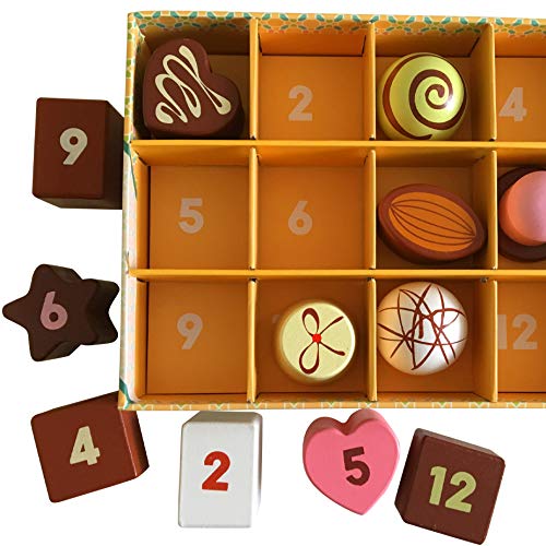 12 chocolates de madera, caja de madera de chocolates, juego para niños - Presentado en una caja con tapa - Comida de madera para juguetes para niños (12 piezas y Alimentos de juguete imitación)