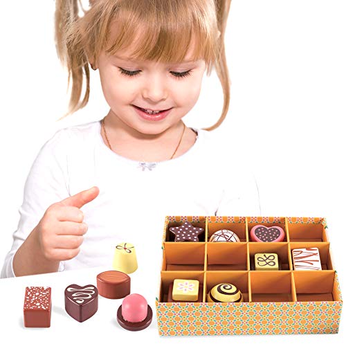 12 chocolates de madera, caja de madera de chocolates, juego para niños - Presentado en una caja con tapa - Comida de madera para juguetes para niños (12 piezas y Alimentos de juguete imitación)