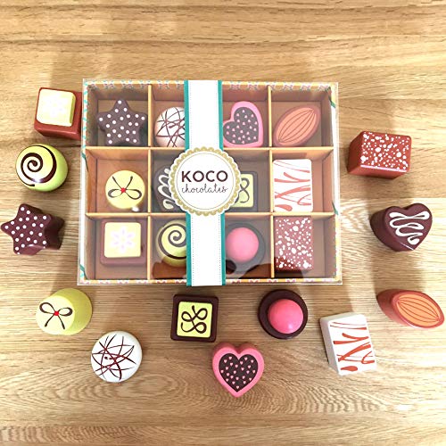 12 chocolates de madera, caja de madera de chocolates, juego para niños - Presentado en una caja con tapa - Comida de madera para juguetes para niños (12 piezas y Alimentos de juguete imitación)