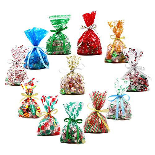 144PCS Bolsas de celofán Navidad con lazos para bolsas de dulces navideños