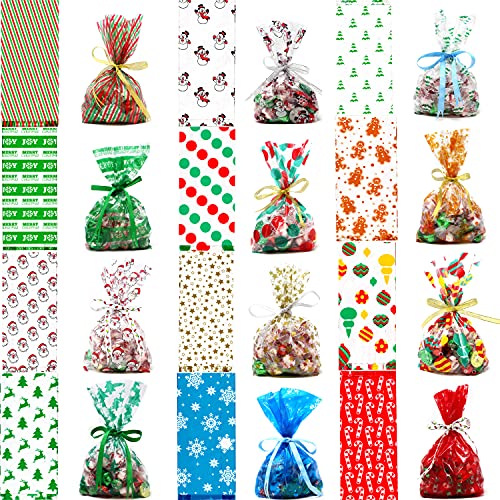 144PCS Bolsas de celofán Navidad con lazos para bolsas de dulces navideños