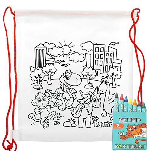 15 Mochilas para Colorear Infantiles y 15 Sets de 7 Ceras de Colores Partituki. Con Certificado CE de no Toxicidad. Detalles para Cumpleaños Infantiles