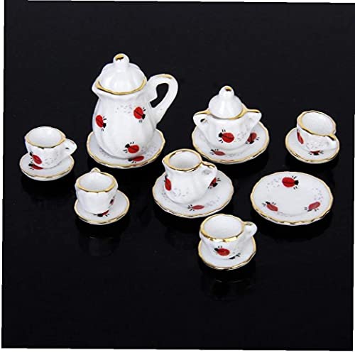 15 unids 1/12 Muñeca Casa Miniatura Comedor Ware Set de té de Porcelana Plato Plato Plato Ladybug Imprimir Niños Juguete DIY Decoración del hogar Regalo