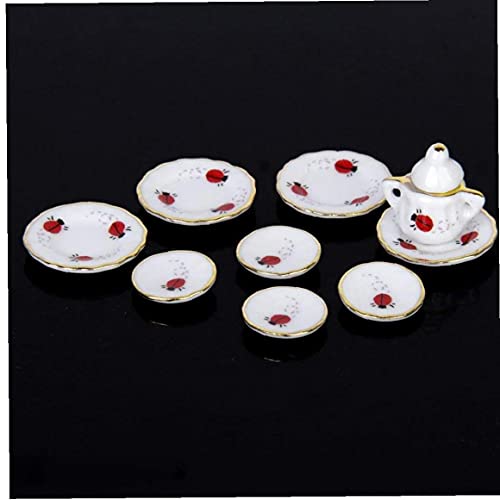 15 unids 1/12 Muñeca Casa Miniatura Comedor Ware Set de té de Porcelana Plato Plato Plato Ladybug Imprimir Niños Juguete DIY Decoración del hogar Regalo