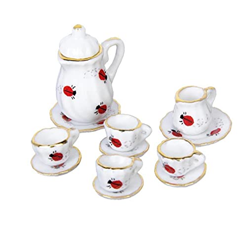 15 unids 1/12 Muñeca Casa Miniatura Comedor Ware Set de té de Porcelana Plato Plato Plato Ladybug Imprimir Niños Juguete DIY Decoración del hogar Regalo