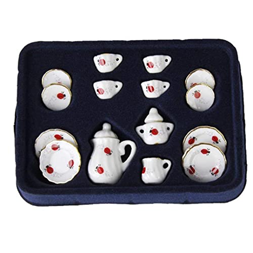 15 unids 1/12 Muñeca Casa Miniatura Comedor Ware Set de té de Porcelana Plato Plato Plato Ladybug Imprimir Niños Juguete DIY Decoración del hogar Regalo