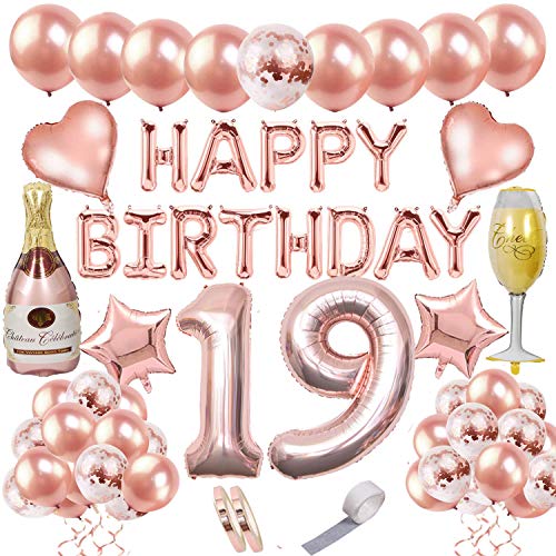 19 Años Cumpleaños Decoracion Oro Rosa Globos de Cumpleaños Feliz Fiesta Pancarta Confeti Latex Globos Corazón Estrella de Globos Helio Gigantes Numeros 40in 19 Cumpleaños Kit para Mujeres