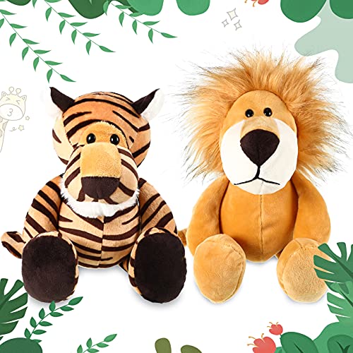 2 Animales de Peluche de Zoológico Set de Juguete de Animal Lindo Juguetes de Peluche de Animales de Selva para Su Hija Hijo Regalos de Fiesta, 9,9 Pulgadas (León, Tigre)