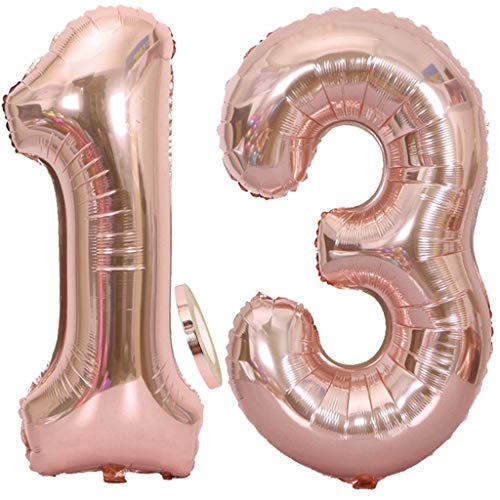 2 Globos Número 13 Oro Rosa, Globo de Papel Aluminio Gigante Numero 13 Globo 100cm con Cinta 40" Globo Inflable de Helio para Decoración de Fiesta de Cumpleaños Fiesta de Graduación