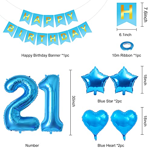 21. Decoración de cumpleaños azul, globo digital grande de helio 21 y pancarta Happy Birthday y estrella azul y corazón, globos de aluminio con cinta, para niños y niñas