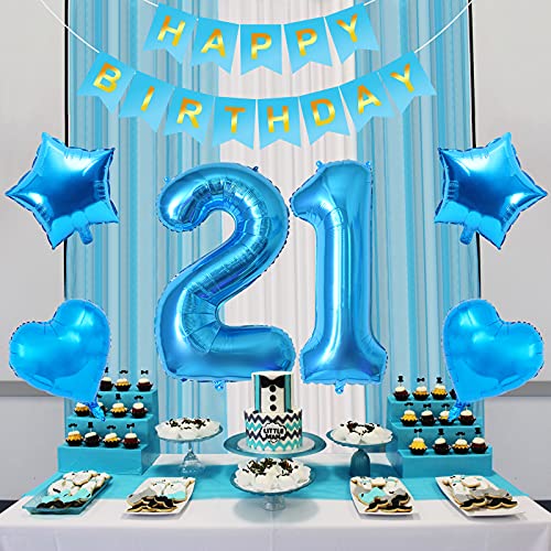 21. Decoración de cumpleaños azul, globo digital grande de helio 21 y pancarta Happy Birthday y estrella azul y corazón, globos de aluminio con cinta, para niños y niñas