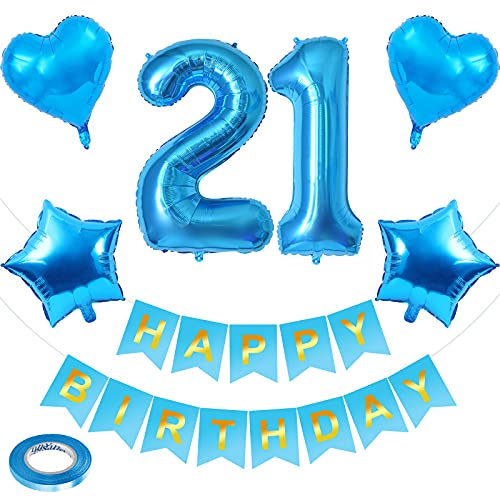 21. Decoración de cumpleaños azul, globo digital grande de helio 21 y pancarta Happy Birthday y estrella azul y corazón, globos de aluminio con cinta, para niños y niñas