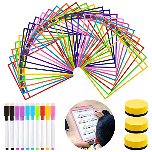 25 Pack Dry Erase Pockets, GuKKK Resuable Dry Erase Pockets Papelería Suministros 35.5×25.5 cm / A4 con Bolígrafos, para la Organización en el Aula y Colegio, Guardería, Oficina (25)