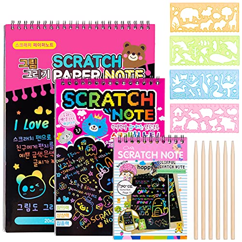 3 Piezas Magic Scratch Art Book, 30 Hojas Scratch Art Paper Kit de Manualidades de Papel de Arte de Rascar para Niños Adultos