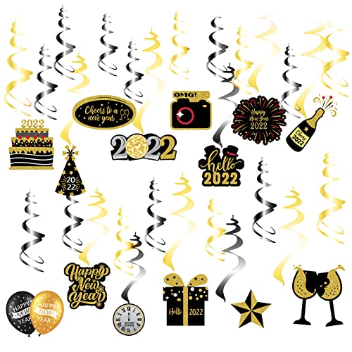 30pcs Decoración para Nochevieja,2022 Decoraciones para Fiestas de Fin de año,Oro Negro año Nuevo de Feliz Banner de año,año Nuevo decoración de Techo Colgante Remolino Adornos de espirales