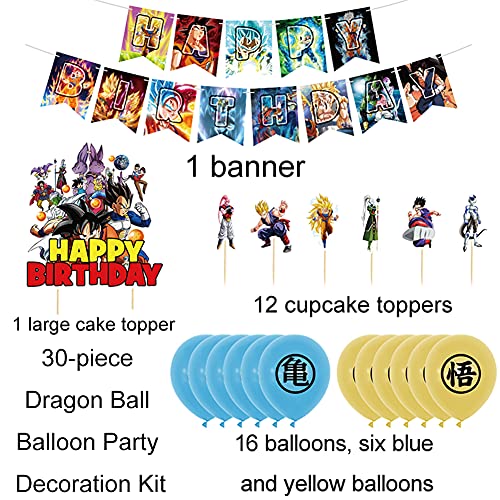 30pcs Suministros de fiesta de cumpleaños de Dragon Ball, las decoraciones de Dragon Ball Z incluyen adorno para tarta, adornos para cupcakes, pancarta, globos