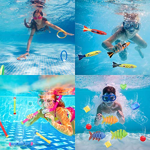 34 Piezas Juguete de Buceo para Niños Piscina Natación Subacuática Juegos de Agua en Verano, 5 Palos de Buceo, 4 Anillos de Buceo, 4 Torpedos Bandidos, 3 Alga, 3 Peces , 3 Delfines y 12 Joyería