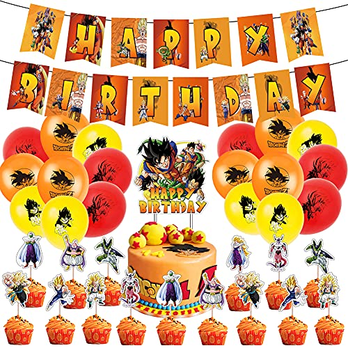 34pcs Suministros de fiesta de cumpleaños de Dragon Ball, las decoraciones de Dragon Ball Z incluyen adorno para tarta, adornos para cupcakes, pancarta, globos