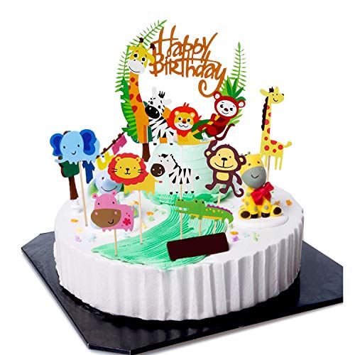 35 pcs decoración para tarta animales+guirnalda feliz Selva Fiesta cumpleaños Decoracion niños niño niña,decoración tartaanimales para niños Cumpleaños BabyShower Decoración(1er,3do,5er año cumpleaños