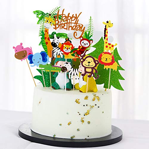 35 pcs decoración para tarta animales+guirnalda feliz Selva Fiesta cumpleaños Decoracion niños niño niña,decoración tartaanimales para niños Cumpleaños BabyShower Decoración(1er,3do,5er año cumpleaños