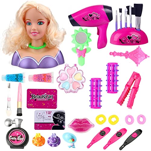 36 Piezas De Maquillaje para Niña, Juego De Simulación, Maquillaje, Peluquería, Muñeca, Juguete para La Cabeza, Juego De rol para Niños, Juguete para La Cabeza, Regalo con Secador De Pelo