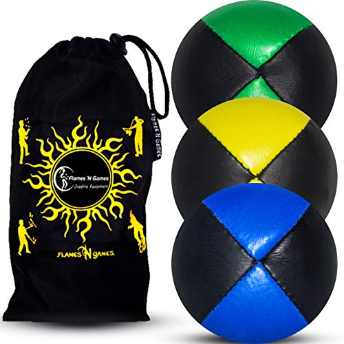 3X Pro Pelotas de Malabares / Bolas de Malabarismo (Cuero) Profesionales Bolsa de Frijoles Pelotas, Conjunto de 3 + Bolsa de Viaje! (Azul/Amarillo/Verde)