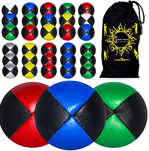 3X Pro Pelotas de Malabares / Bolas de Malabarismo (Cuero) Profesionales Bolsa de Frijoles Pelotas, Conjunto de 3 + Bolsa de Viaje! (Azul/Amarillo/Verde)