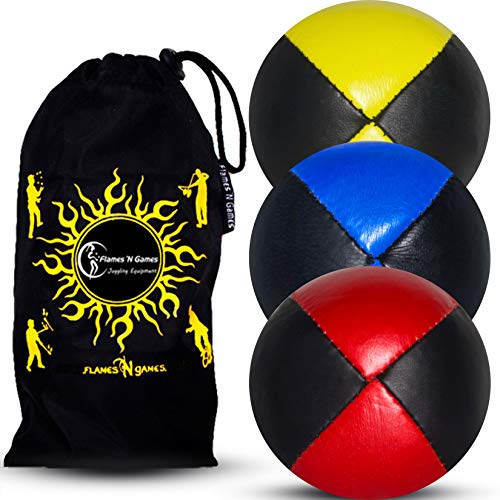 3X Pro Pelotas de Malabares / Bolas de Malabarismo (Cuero) Profesionales Bolsa de Frijoles Pelotas, Conjunto de 3 + Bolsa de Viaje! (Rojo/Amarillo/Azul)