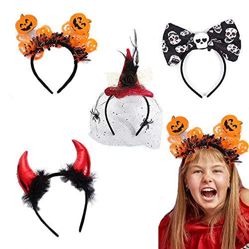 4 piezas Diademas de Halloween, diadema de sombrero de bruja, Diadema de Sombrero de Calavera de Araña de Bruja, Diadema de diablo para el carnaval, Diadema de calabaza, adecuado para niñas y mujeres