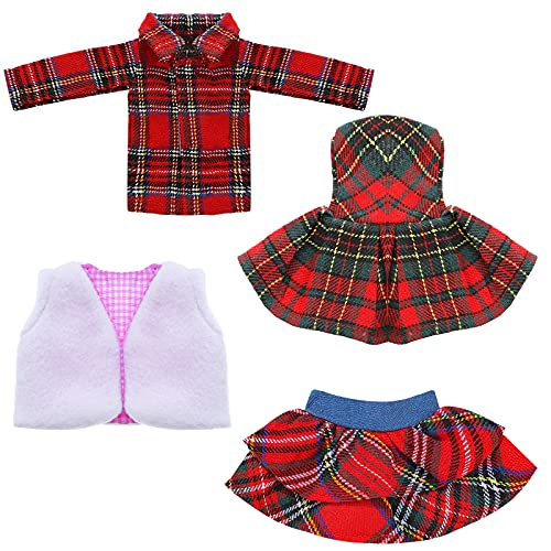 4 Ropa de Papá Noel de Moda Accesorio Navideño de Muñeco Elfo Incluye Falda Chaleco Esponjoso Vestido a Cuadros Rojo-Verde Camiseta de Manga Larga Ropa de Muñeco de Elfo Navideño sin Muñeca