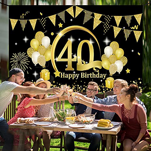 40 Años Decoración de Fiesta de Cumpleaños de Oro Negro, 40 Pancarta Feliz Cumpleaños Fondo Foto Cumpleaños, Póster de Tela Cartel Extra Grande para Hombre Mujer Materiales de Fiesta de Cumpleaños