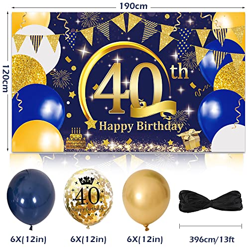 40 Cumpleaños Decoración, SWPEED Azul Oro Extra Grande Tela 40 Años Feliz Cumpleaños Pancarta Cartel, Globos 40 Cumpleaños, 40 cumpleaños Pancarta Photocall Fondo de Fiesta para Hombre Mujer