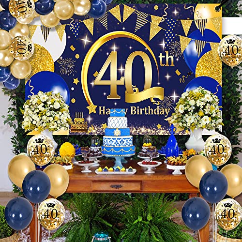 40 Cumpleaños Decoración, SWPEED Azul Oro Extra Grande Tela 40 Años Feliz Cumpleaños Pancarta Cartel, Globos 40 Cumpleaños, 40 cumpleaños Pancarta Photocall Fondo de Fiesta para Hombre Mujer