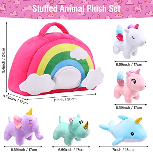 6 Piezas Set de Juguete de Peluche de Unicornio Set Animal de Felpa con Bolsa Estuche de Arcoíris Set Juguete de Unicornio Animal con 2 Unicornios, Hipopótamo Elefante Delfín para Navidad