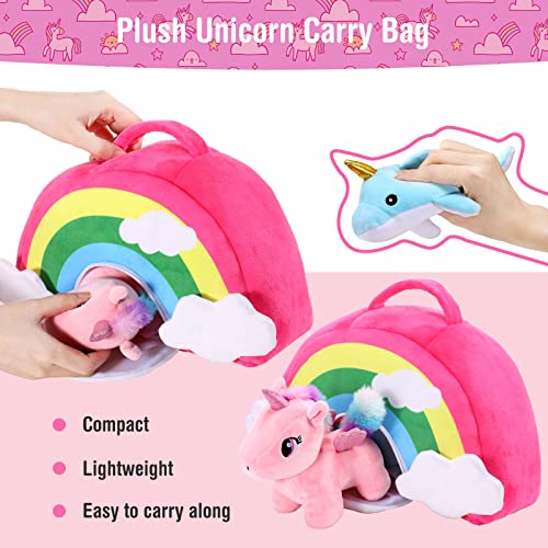 6 Piezas Set de Juguete de Peluche de Unicornio Set Animal de Felpa con Bolsa Estuche de Arcoíris Set Juguete de Unicornio Animal con 2 Unicornios, Hipopótamo Elefante Delfín para Navidad