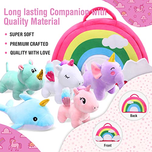 6 Piezas Set de Juguete de Peluche de Unicornio Set Animal de Felpa con Bolsa Estuche de Arcoíris Set Juguete de Unicornio Animal con 2 Unicornios, Hipopótamo Elefante Delfín para Navidad