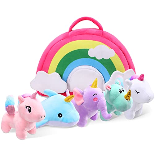 6 Piezas Set de Juguete de Peluche de Unicornio Set Animal de Felpa con Bolsa Estuche de Arcoíris Set Juguete de Unicornio Animal con 2 Unicornios, Hipopótamo Elefante Delfín para Navidad