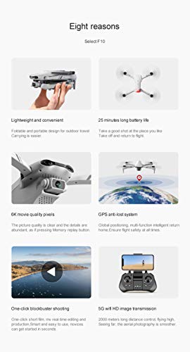 6K HD WiFi GPS Drone with Dual Camera for Adults, F10 FPV Professional Drone RC Quadcopter for Beginners with 5G Real Time Transmission, Follow-me, Gesture Beautify Photo, 75 Mins Flight Time