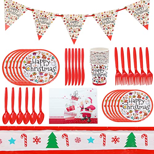 82 Piezas Navidad Fiesta Vajilla，Juego de Vajilla Navidad Fiesta para 12 Invitados,Suministros de Fiesta de Navidad Incluye Vasos Papel, Platos Papel Navidad Artículos