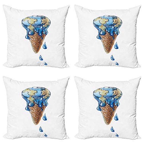 ABAKUHAUS Helado Set de 4 Fundas para Cojín, Sabor Globo de la Tierra del Planeta, Estampado Digital en Ambos Lados y Cremallera, 60 cm x 60 cm, Pale Violet Blue Caramel