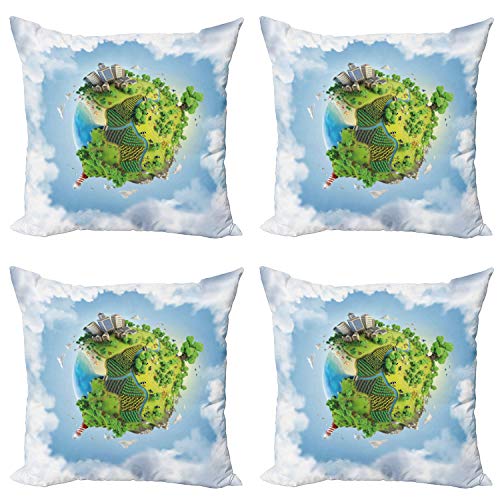 ABAKUHAUS Mundo Set de 4 Fundas para Cojín, De Dibujos Animados Globo Verde, Estampado Digital en Ambos Lados y Cremallera, 60 cm x 60 cm, Verde Azul pálido Blanca