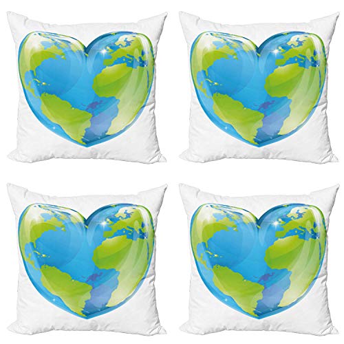 ABAKUHAUS Tierra Set de 4 Fundas para Cojín, Forma Vibrante Globo del corazón, Estampado Digital en Ambos Lados y Cremallera, 60 cm x 60 cm, Azul pálido Verde Lima