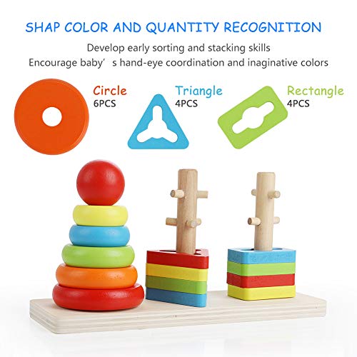 Abree Rainbow Three Column Tower Clasificador de Forma de Madera Juguete Bloques de construcción a Juego Clasificación Juguete de apilamiento para bebés niños(Rainbow Shape)