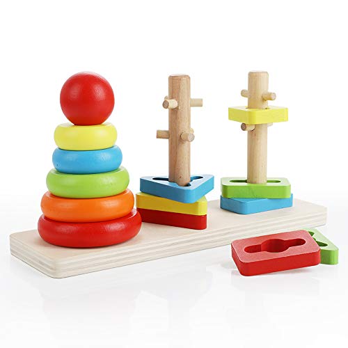 Abree Rainbow Three Column Tower Clasificador de Forma de Madera Juguete Bloques de construcción a Juego Clasificación Juguete de apilamiento para bebés niños(Rainbow Shape)