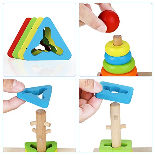 Abree Rainbow Three Column Tower Clasificador de Forma de Madera Juguete Bloques de construcción a Juego Clasificación Juguete de apilamiento para bebés niños(Rainbow Shape)